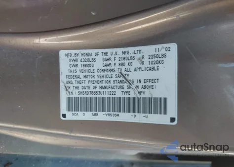 2003 Honda Cr-V Ex из США, поврежденный, VIN SHSRD78853U111222